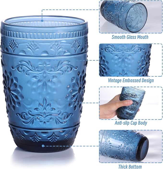 abrwyy Blue Drinking Glasses, Blue Glassware, 14oz Vintage Drinking Glasses | Lead-Free Glass, Thick&Durable Glass, Home Decoration, Drinking Glasses Set of 6 - Image 6