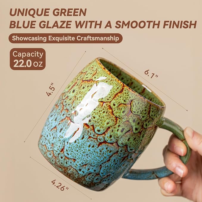 Handmade 22oz Ceramic Coffee Mug, Ergonomic Large Handle, Ideal Gift for Coffee Lovers, Microwave & Dishwasher Safe (Bas-Relief - Green&Blue) - Image 5