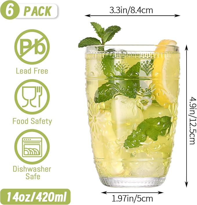 abrwyy Clear Glasses Drinking Set, 14oz Water Glasses, Vintage Glassware | Dishwasher Safe, Non-Slip, Lead-Free Glass, Home Decoration - Image 6