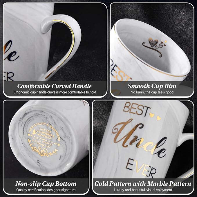 Best Uncle Birthday Gifts from Nephew Niece, Uncles Valentines Gift, Fathers Day Announcement Presents - 14oz Grey Marble Ceramic Gold Print Uncle Mug, with Lid, Spoon, Greeting Card, Nice Gift Boxed - Image 3