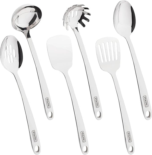 Viking Kitchen Utensils Set, 6 Piece Stainless Steel Cooking Utensil Set, Includes Spatulas, Spoons, Pasta Fork, and Deep Ladle, Hollow Forged, Silver by Unknown