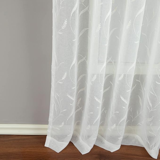 White Rod Pocket Sheer Curtains 102 inches Long Tassels Embroidered Window Curtain Sheer Voile Panels for Living Room & Bedroom, Set of 2 - Image 5