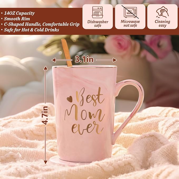 YHRJWN Birthday Gifts for Mom, Best Mom Ever Coffee Mug, Mom Mothers Day Gifts from Daughter Son, Moms Gift Idea for Birthday, Valentines Day, Present for Moms Mothers, 14 Oz Pink - Image 7