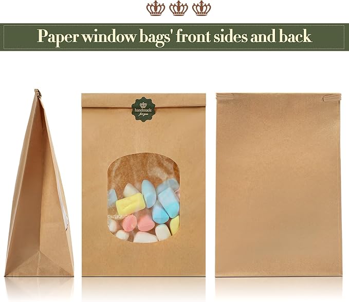 Tenare 50 Pieces Bakery Bag with Window Kraft Paper Bag 6.1 x 2.76 x 9.5 in | Christmas Tin Tie Tab Lock and 60 Pieces Handmade Label Seal Stickers Window for Xmas Coffee Cookie Treat - Image 5