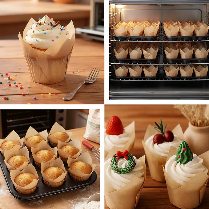 200pcs Tulip Cupcake Liners, Standard Greaseproof Paper Baking Cups Muffin Liners Holders Perfect for Bridal Showers, Baby Showers, Birthday Parties, Banquets, and Catering Events (Natural) - Image 4
