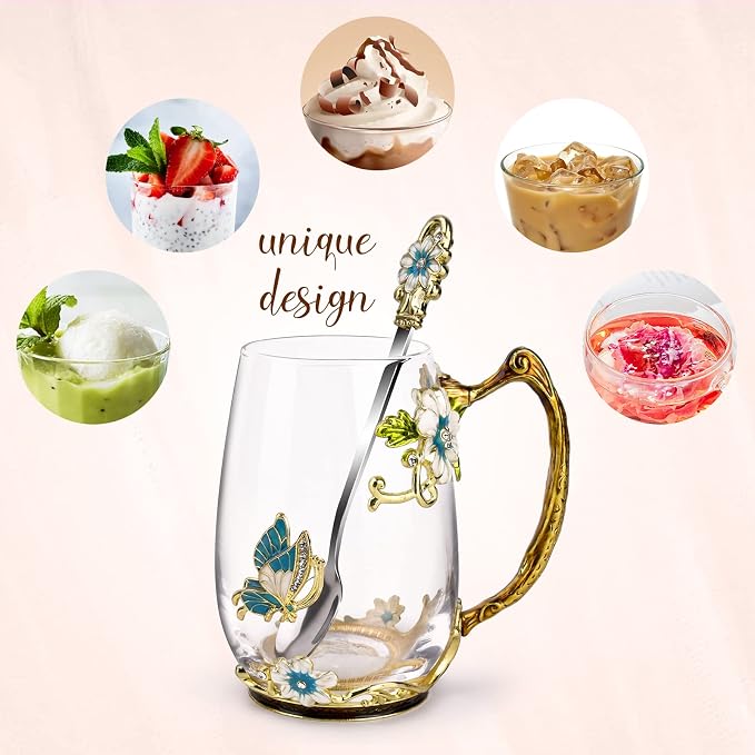 OEAGO Birthday Gifts for Women Mom Glass Coffee Enamels Mug Best Mothers Day Butterfly Gifts for Her from Daughter Son Lead-Free Christmas Tea Cup with Spoon Sets - Image 6