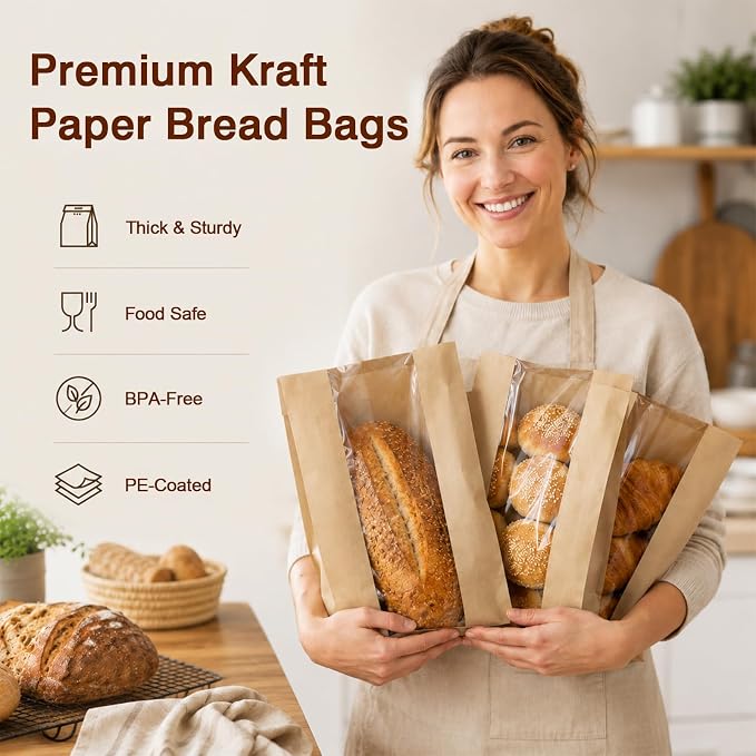 200 PCS Bread Bags for Homemade Bread, Clear Window Sourdough Bags | Bakery Paper Bags for Cookie and Snack Storage, Loaf Packaging, Sourdough Bread Bags Includes 225 Sealing Stickers - Image 2