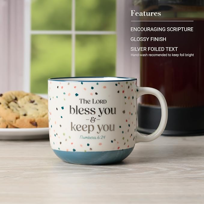 Christian Art Gifts Large Inspirational Ceramic Coffee & Tea Scripture Mug for Women & Men: Lord Bless You & Keep You Encouraging Bible Verse Novelty Cup, Multicolor Confetti Theme, White/Blue, 14 oz. - Image 3