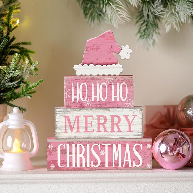 Moucuny 4 Pcs Christmas Table Decorations Pink Santa Hat Decor Christmas Tiered Tray Decor Rustic Wood Pink Hat Block Sign Gift Xmas Table Centerpiece Farmhouse for Home Shelf Kitchen Decorations - Image 6