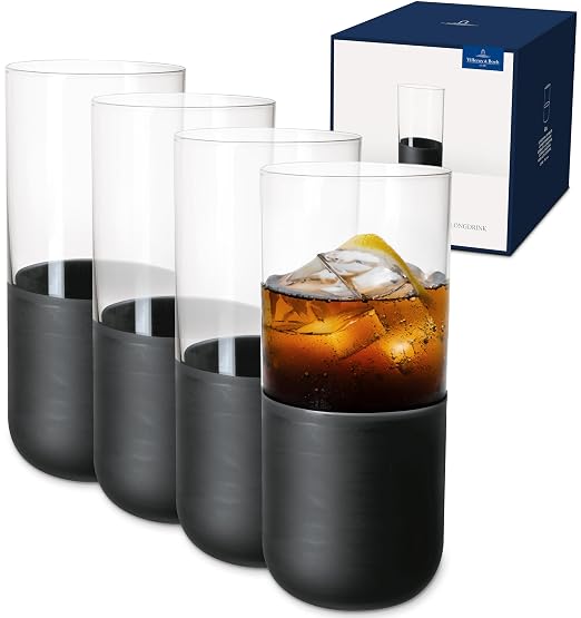 Villeroy & Boch Manufacture Rock Collection Longdrink Glass Set, Set of 4, Crystal Glass with Matte Black Base, Made in Europe, Capacity 10 oz | Matte black crystal glass long drink glasses, hand wash only, make cocktail hour feel like a design statement by Unknown