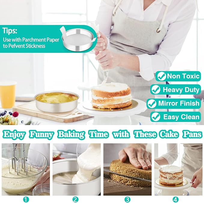 P&P CHEF Cake Pan Set for Baking, 6" + 6" + 8" + 8" Round Cake Pans Tins | 4 Pieces & 2 Sizes, Premium Stainless Steel, Ideal for Layer Tier Cakes in Birthday Wedding, Oven & Pot & Dishwasher Safe - Image 4