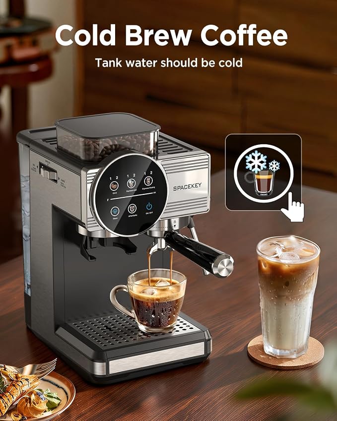 Spacekey Espresso Coffee Machine with Grinder, Milk Frother, Cold Brew, 20 Bar | Coffee Maker with 30 Grind Settings, 60oz Removable Tank, Home Barista Kit for Lattes, Cappuccinos, Americano - Image 4