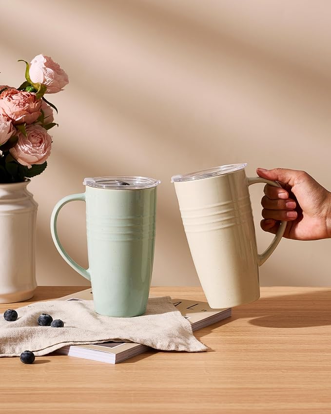 famiware Jupiter Large Coffee Mug, 20oz Coffee Mug with Lid, Ceramic Mugs Set of 4, Cup Set with Handle for Latte, Tea, Cocoa, Milk, Microwave and Dishwasher Safe, Light Green and Vanilla White - Image 2