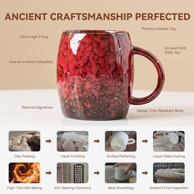 Rustic Red Ceramic Coffee Mug 14oz - Handcrafted Artisan Mug with Comfortable Handle, Unique Design for Coffee Lovers, Dishwasher Safe - Image 4