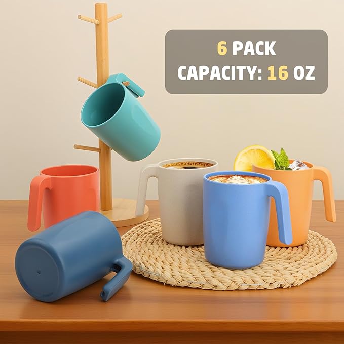 Wheat Straw Coffee Mugs Set of 6, Drinking Cups16 OZ, Microwave & Dishwahser Safe Plastic Cups with Handles, Unbreakable Water Cups for Camping, Kitchen, RV, Drinking glasses - Multicolor - Image 6