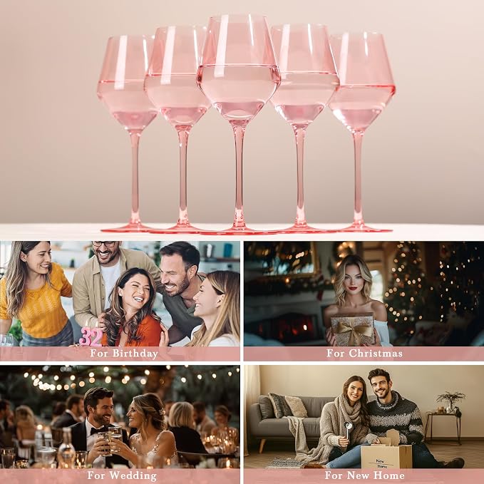 Elegant Pink Wine Glasses Set of 6 – Hand Blown Tulip Shape Long Stem Glassware – 15oz Pink Wine Glasses for Women, Wedding, Party, Bridesmaid Gift, Fancy Champagne or Rosé Goblets - Image 6