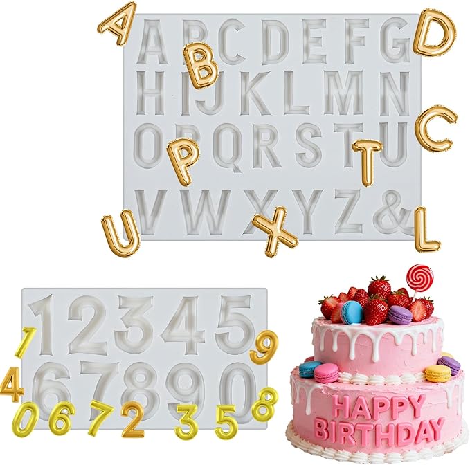 2Pcs Alphabet Numbers Silicone Molds Set, Reusable Silicone Molds for Craftse, Non-Stick Fondant Mold for Baking, Cake Decorating, and Edible Crafts