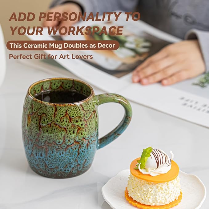 Handmade 22oz Ceramic Coffee Mug, Ergonomic Large Handle, Ideal Gift for Coffee Lovers, Microwave & Dishwasher Safe (Bas-Relief - Green&Blue) - Image 4