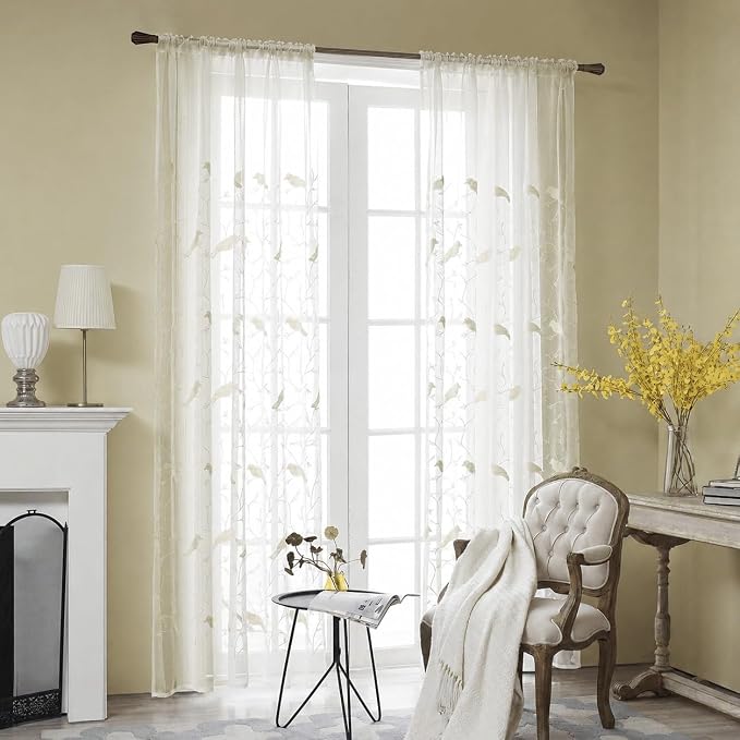 White Rod Pocket Sheer Curtains 102 inches Long Birds Embroidered Window Curtain Sheer Voile Panels for Living Room & Bedroom, Set of 2 | Airy Voile Fabric, Soft Natural Light, Country Home Decor, for Living Room and Bedroom - Image 2