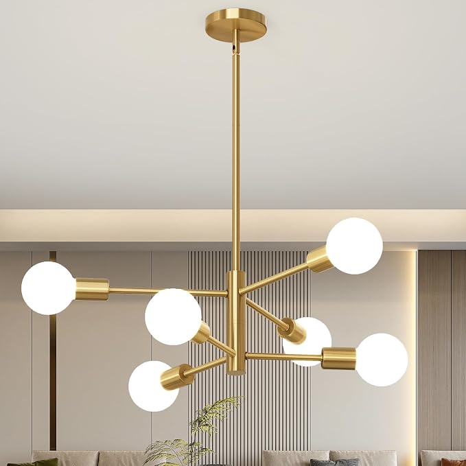 Sputnik Chandeliers Moderna Light Fixture, 6 Lights Gold Mid Century Ceiling Chandelier, Height Adjustable for Living Room, Kitchen, Dining Room, Bedroom,Foyer by Unknown
