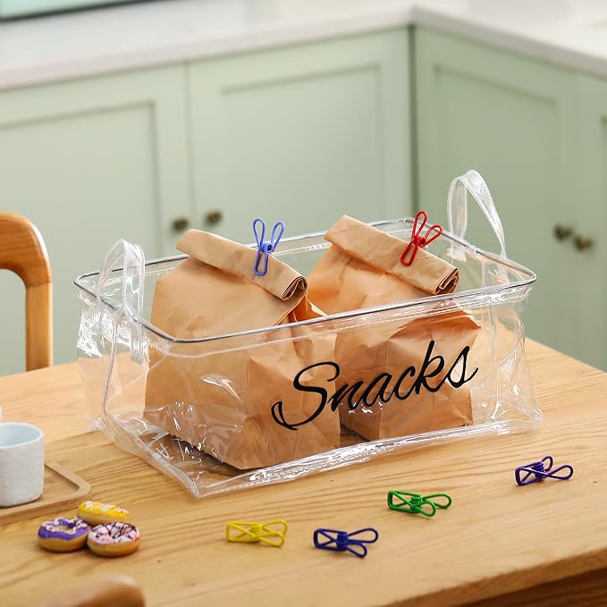 17 Pcs Snack Basket Sets, Snack Storage Bin for Pantry Shelves with 16 Pcs 2 Inch Chip Clips, Basket Organizer for Kitchen Home, Chips, Popcorn, Candy, Pretzels (PVC,Clear) - Image 6