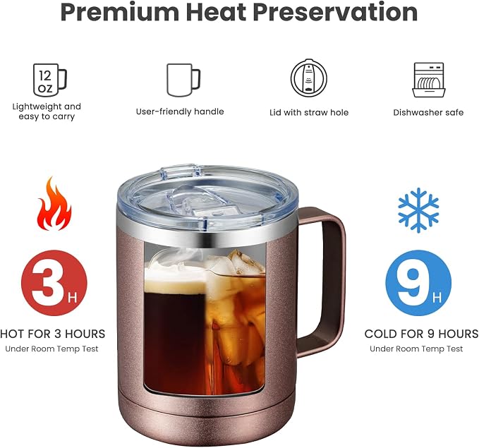 MEWAY 12oz Coffee Mug With Handle and Sliding Lid,Stainless Steel Travel Tumbler Cup with Handle,Double Wall Vacuum Insulated Camping Cup for Hot & Cold Drinks Tea (Rose Gold,Set of 1 - Image 3