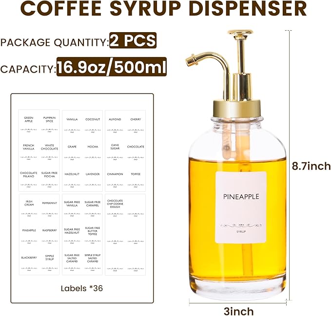 BIGIVACA Coffee Syrup Dispenser 16.9 oz 500 ml - 2 Pack Glass Bottles with Gold Pumps and Labels for Cafe or Home Bar, Kitchen