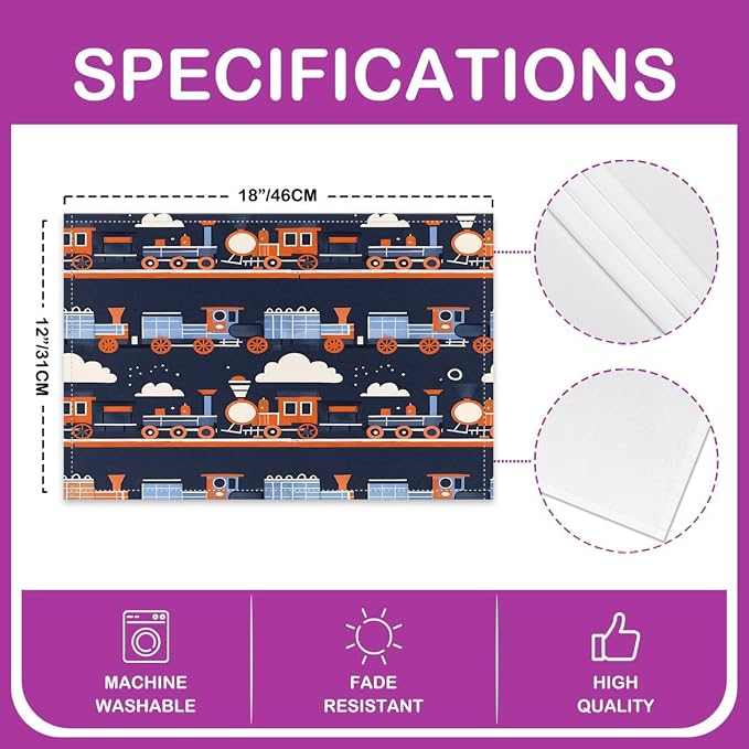 Feelyou Train Placemats Set of 4 Cartoon Train Transportation Table Mats Colorful Steam Engine Place Mat for Kitchen Dining Table Party Decor Indoor Outdoor 18"x12" Easy to Clean - Image 4