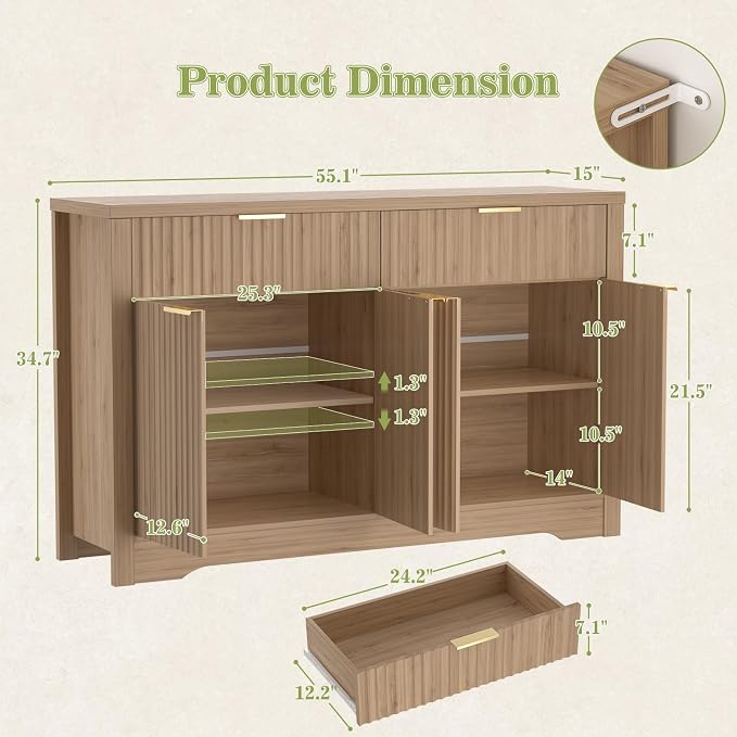 Cyclysio 55" Fluted Buffet Cabinet with Drawers, Modern Sideboard Credenza with Adjustable Shelves, Coffee Bar Table with Storage for Dining Room, Entryway, Kitchen, Natural Oak - Image 3