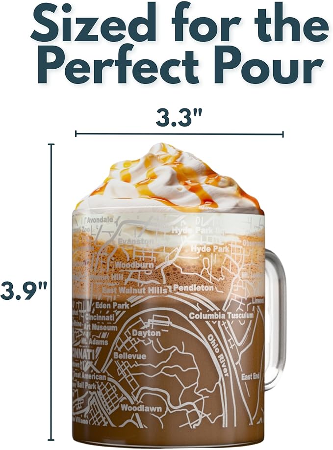 Greenline Goods – Cincinnati, OH Map Glass Coffee Mugs (Set of 2), 16 oz – Etched Wrap Design