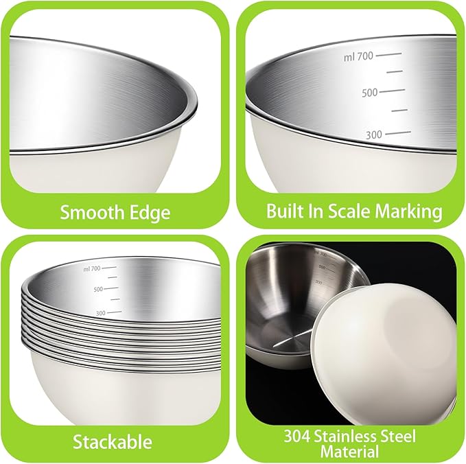 12 Pcs Stainless Steel Mixing Bowls Nesting Metal Prep Salad Bowls with Scale Reusable Baking Cooking Food Soup Storage Organizers for Kitchen Refrigerator (0.74qt)