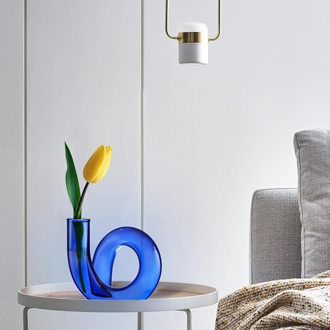 Joeyan Handmade Small Blue Glass Flower Vase,Decorative Geometric Glass Bud Vase for Modern Home Centerpieces Living Room Office,4.72" Abstract Vase for Single Flower and Dry Flowers - Image 5