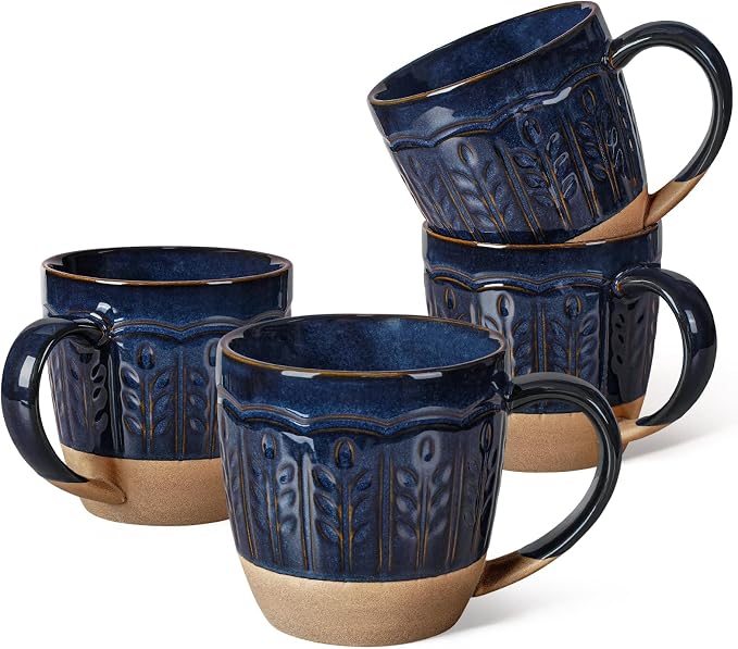 Artena Ceramic Coffee Mugs Set of 4, 16oz Embossed Large Latte Mugs Coffee Cups with Handle for Tea, Latte, Cappuccino & Cocoa, Milk Dishwasher & Microwave Safe, Blue (Wheat Leaf) by Artena