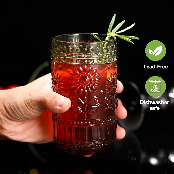 Green Drinking Glasses Set of 12, 16 Oz Highball & 13 Oz Cocktail Glasses, Green Kitchen Vintage Glassware Set, Floral Embossed Glass Tumbler Cups for Coffee, Beer, Water, Whiskey, Juice - Image 6