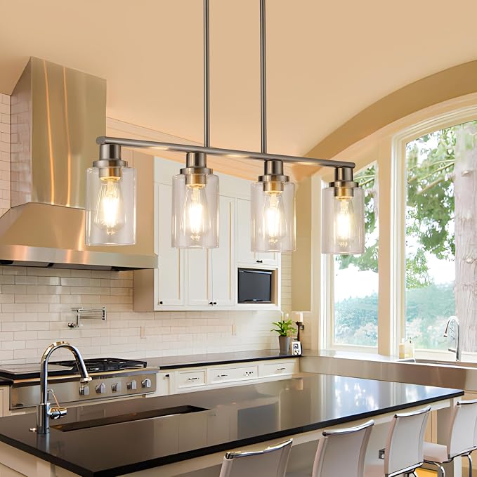 Kitchen Island Lighting, 4-Light Farmhouse Dining Room Light Fixtures Over Table, Linear Chandelier Pendant Lighting for Kitchen Island for Brushed Nickel Finish with Clear Glass Shade - Image 2