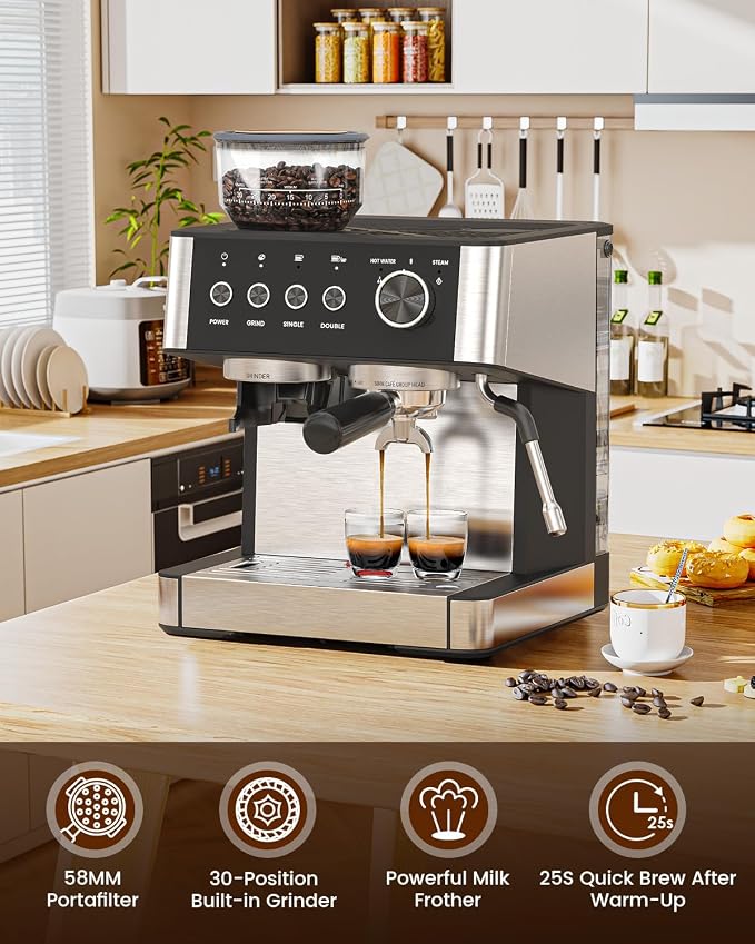 Espresso Machine with Grinder, Professional Expresso Coffee Machines,Coffee Maker with Tamping Tools and Steam Wand, 30 Grind Settings, Removable Water Tank for Cappuccino/Latte-Stainless steel&Black - Image 3