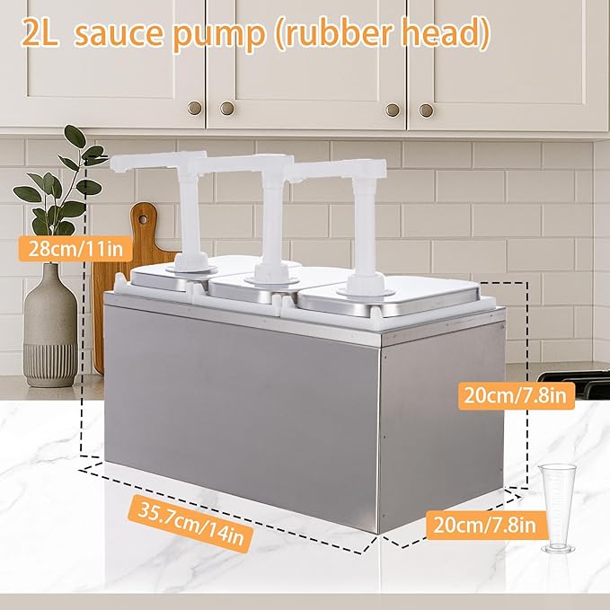 6.34 Quart Condiment Dispenser Pump,Syrup Pump Dispenser with Measuring Cup, Large Capacity Detachable Leak-Proof Design for Sauce, Honey, Syrup,Soy Sauce,Mustard,Cheese (2.11 QT, 3 pumphead)