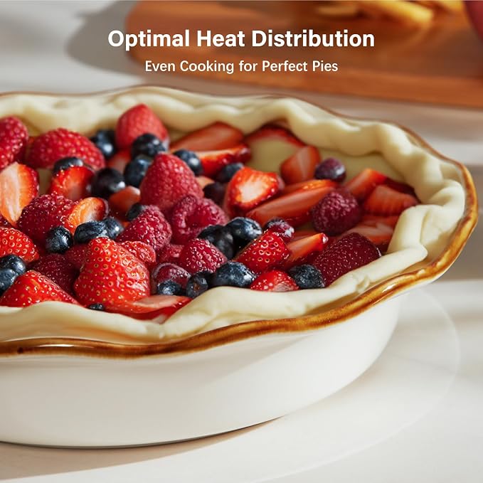 ONEMORE 9-Inch Deep Dish Pie Pan - Ceramic Pizza Pan for Oven, Baking Chicken Pot Pie, Quiche & Tarts - Rustic White Dish for Perfectly Crispy Crust, Large Ruffled Baking Plate - Image 2