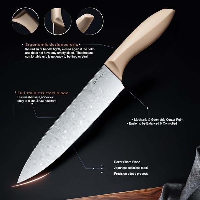 RAXCO Cooking Utensils Set,18-Piece Kitchen Utensils and Knife Set,Khiki | Food-grade Silicone Utensils Heat-resistant to 410°F,5-Piece Stainless Steel Kitchen Knife with Sharpener and Cutting Board - Image 6