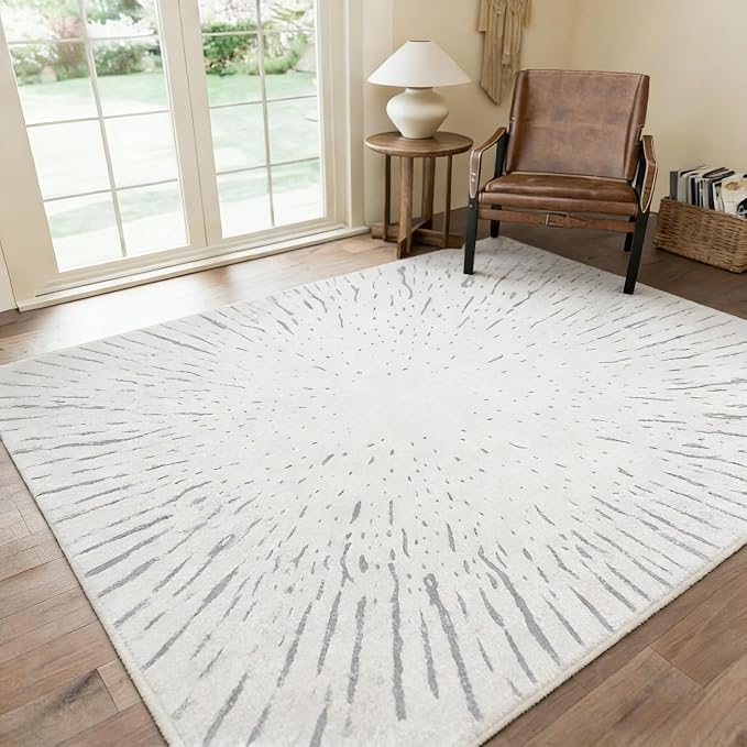 5x7 Area Rug, Machine Washable Living Room Rug - Non-Slip Low Pile Accent Rug for Bedroom, Pet Friendly, Modern Vintage Geometric Design by RICKYSERRA