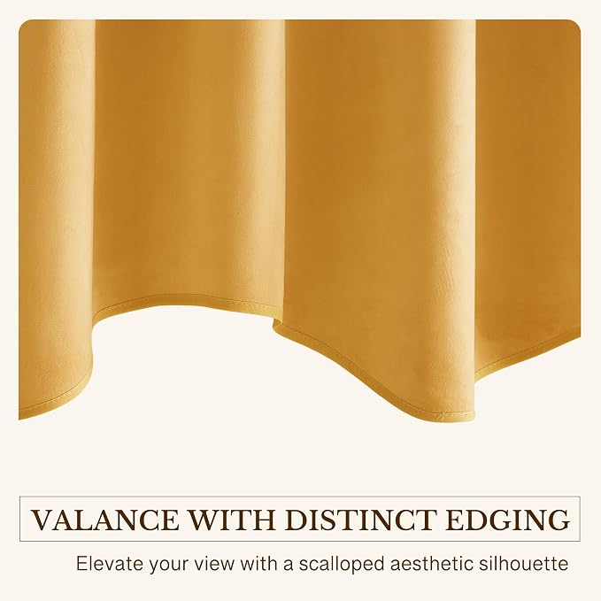 Yellowish Gold Scalloped Velvet Valance, Luxury Gold Wavy Window Treatments for Kitchen, Decorative Rod Pocket Short Drapes for Farmhouse, 52x18 Inch, 4 Panel Set - Image 6