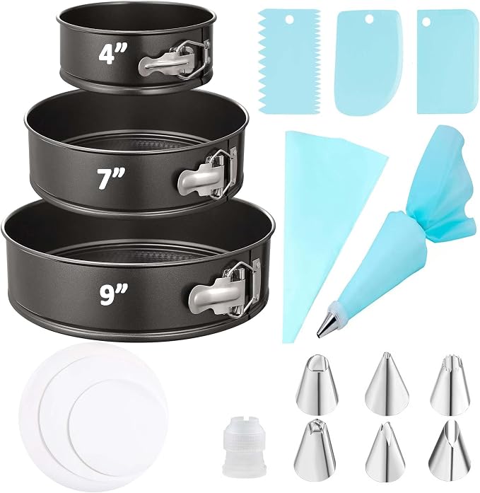 Springform Cake Pan Set with Cake Decorating Kit, Non-stick Leakproof Round Cake Pans of 4, 7, 9 Inches, 12 Pcs Parchment, 3 Cake Scrapers, Resuable Piping Bag, Coupler and Tips by Unknown