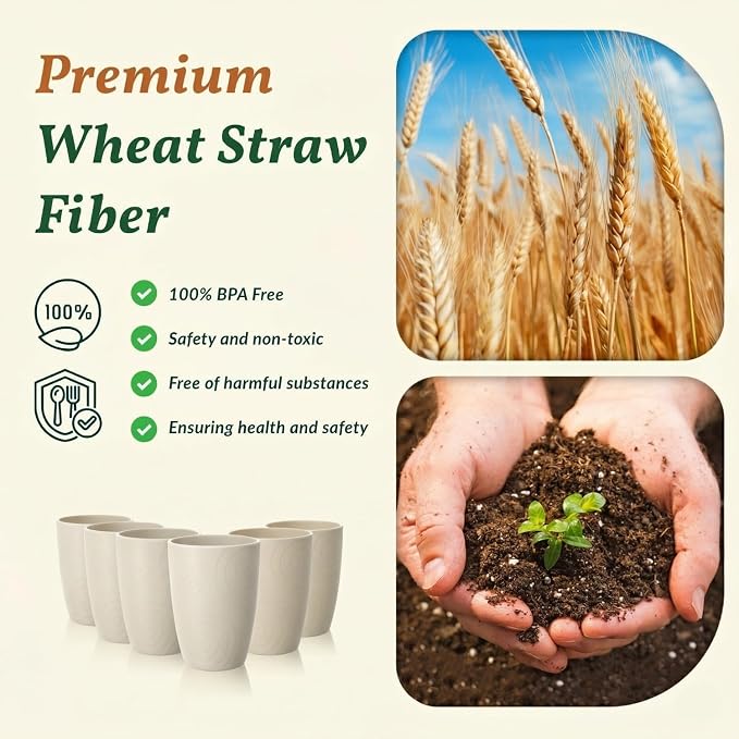 Homienly Plastic Cups Alternative 12oz - Wheat Straw Cups Set of 6 Reusable & Unbreakable Drinking Glasses Dishwasher & Microwave Safe Cups for Everyday Use-Beige - Image 3