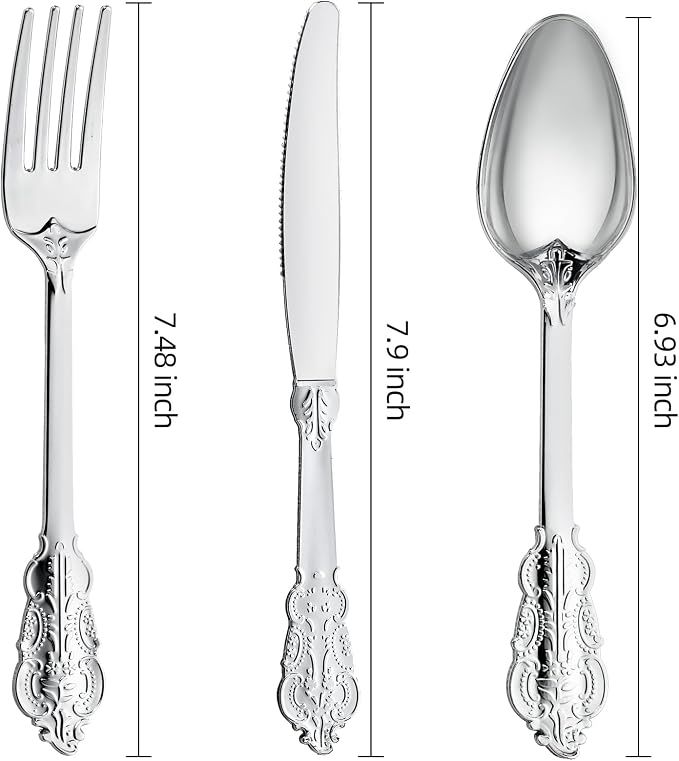 N9R 300PCS Silver Plastic Silverware, Vintage Disposable Utensils & Cutlery | 100 Fancy Forks, Spoons, Knives, Heavy Duty, BPA-Free, for Party, Weddings, Birthday & Holiday - Image 2