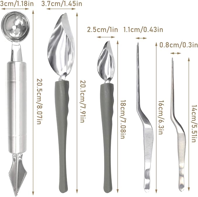 5 Pieces Culinary Drawing Decorating Spoon Set, Drizzle Spoons, Cooking Tweezers and Melon Baller Spoon, Professional Chef Tool for Decorating Plates