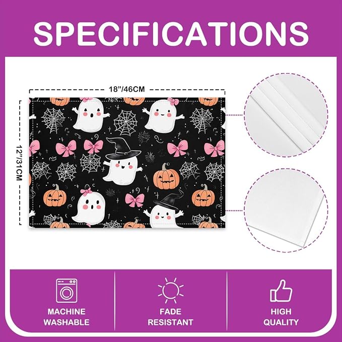 Feelyou Happy Halloween Placemats Set of 4 Cute Ghost Bow Table Mats Pink White Orange Place Mat for Kitchen Dining Table Party Decor Indoor Outdoor 18"x12" Non-Slip Easy to Clean Pumpkin Cobweb - Image 4