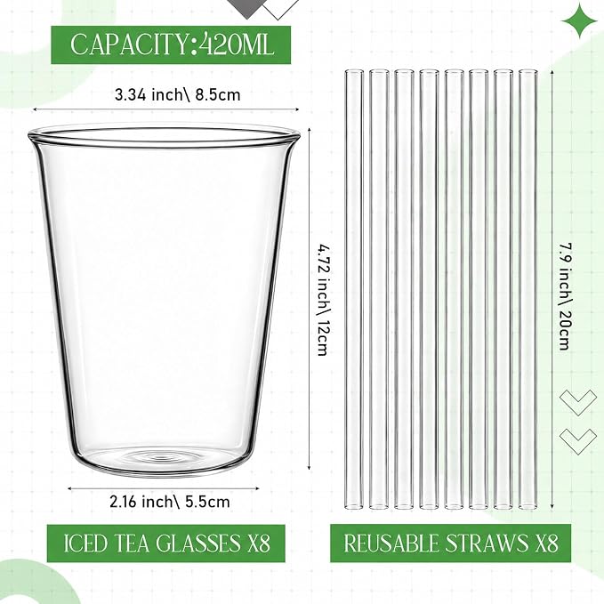 Set of 8 14.2 oz Clear Drinking Glass with Straws 420 ml Iced Tea Beer Cups Heat Resistant Kitchen Glassware for Juice, Beverage, Cocktail, Coffee, Soda - Image 2