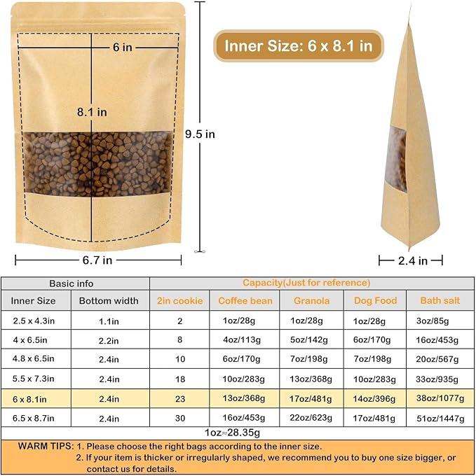 50 Pack Kraft Resealable Bags with Window for Storage (6 x 8.1 Inches) | Brown Zipper-Lock Heat Sealable Stand Up Pouch Bags with Matte Window and Tear Notch for Small Business Home Use - Image 2