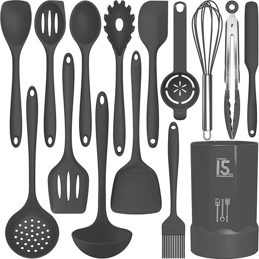 AOTHOD Silicone Cooking Utensils Set - 446°F Heat Resistant Kitchen Utensils,Spatula Sets,Turner Tongs,Spoon,Kitchen Utensil Gadgets Tools Set for Nonstick Cookware,Dishwasher Safe BPA Free (Gray) by Safeandsuitableforuse