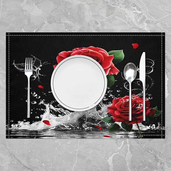 Feelyou Red Rose Placemats Set of 4 Romantic Floral Blossom Table Place Mats for Girls Black Red Placemat for Kitchen Dining Table Women Reflection on Water Indoor Outdoor Decor Table Mats 18"x12" - Image 2